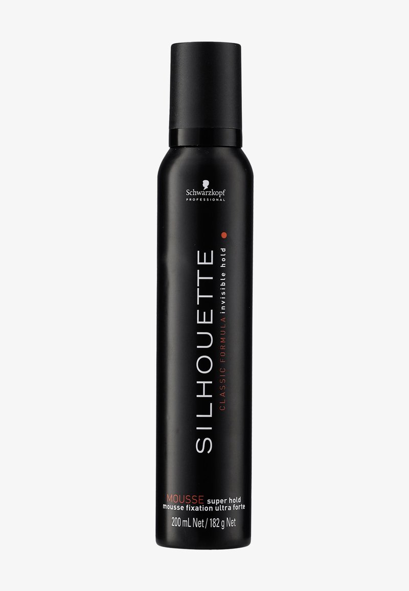 Conteneur cylindrique noir étiqueté "SILHOUETTE" avec des accents rouges. Contient de la mousse coiffante, 200 mL, tenue super forte, usage professionnel.