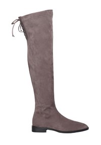 Botas hasta la rodilla en suave ante gris, con una textura lisa, punta afilada y un lazo asegurado en la parte superior, además de una suela baja y plana.