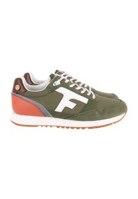 Green sporty sneakers with suede and fabric materials, white logo, multi-colored accents in brown and orange, lace-up design, rubber sole.