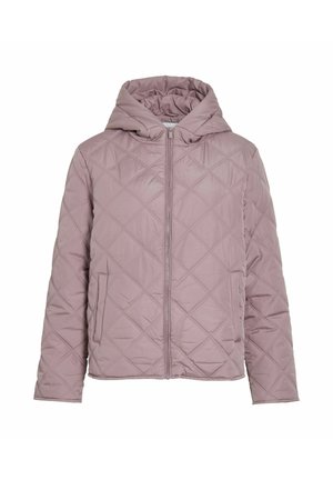 Gevoerde jas in lichtroze, met een capuchon, ruitpatroon, voorkeursrits en zijzakken. Glad textuur met een op maat gemaakt pasvorm.