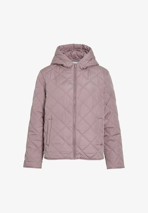 Padded jacket in light pink, featuring a hood, diamond quilt pattern, front zipper, and side pockets. Smooth texture with a tailored fit.