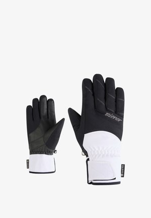 Schwarz-weiße Outdoor-Handschuhe mit Lederhandfläche, gesteppter Isolierung, verstellbaren Handgelenksriemen und GORE-TEX-Branding für Wasserdichtigkeit.