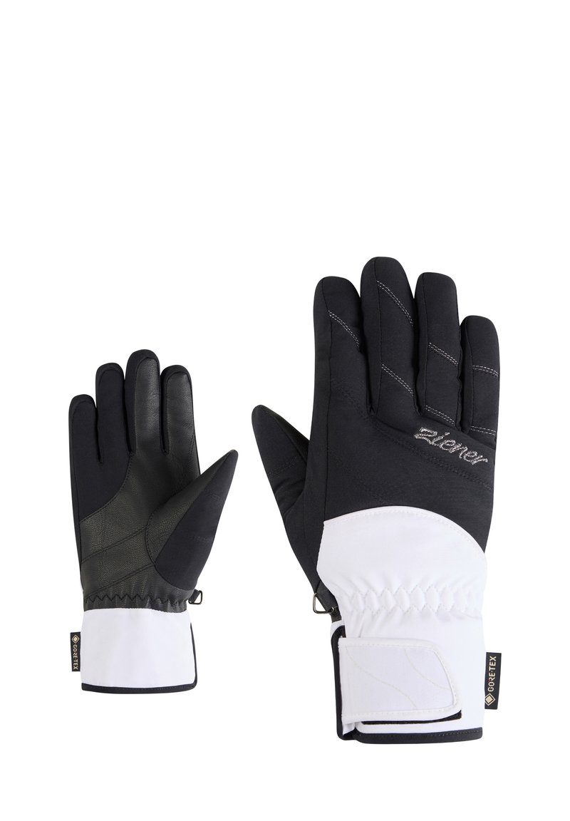 Schwarz-weiße Outdoor-Handschuhe mit Lederhandfläche, gesteppter Isolierung, verstellbaren Handgelenksriemen und GORE-TEX-Branding für Wasserdichtigkeit.