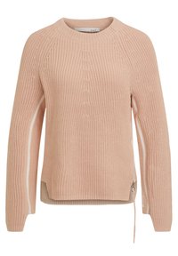 Vaaleanpunainen neulepusero, jossa on pyöreä kaula-aukko, ribbikudos, sivuhalkiot ja kontrastiväri valkoiset raidat hihoissa.