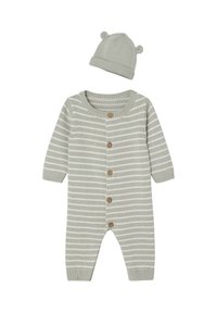 Gestrickter grauer Einteiler mit weißen Streifen, ausgestattet mit langen Ärmeln, Holzknöpfen und einer passenden Mütze mit Bärenohren und umgeschlagenem Saum.