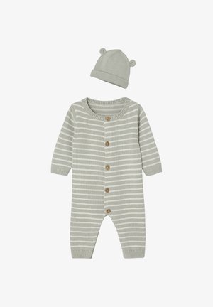 Knitted grey romper with white stripes, featuring long sleeves, wooden buttons, and a matching bear-ear hat with rolled brim.