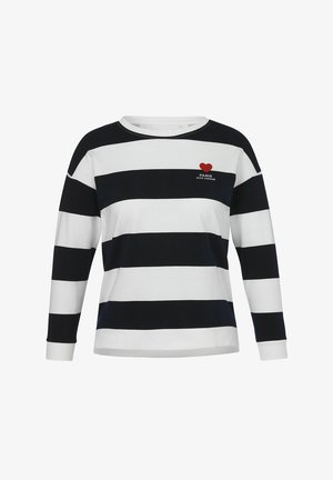 Langarmshirt met brede zwart-witte horizontale strepen en een klein rood hart met de tekst "PARIS MON AMOUR" op de linkerborst.