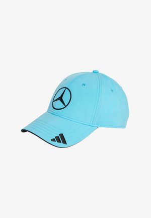 Light blue cap made of fabric, featuring a black Mercedes logo on the front and a black Adidas accent on the brim.