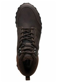 Stivale da trekking in pelle marrone con superficie testurizzata, collo imbottito, design con lacci e suola in gomma resistente per una buona aderenza.