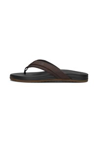 Brown leather flip-flop with a black rubber sole, textured footbed, and a sleek design. Features a thin strap with decorative stitching.