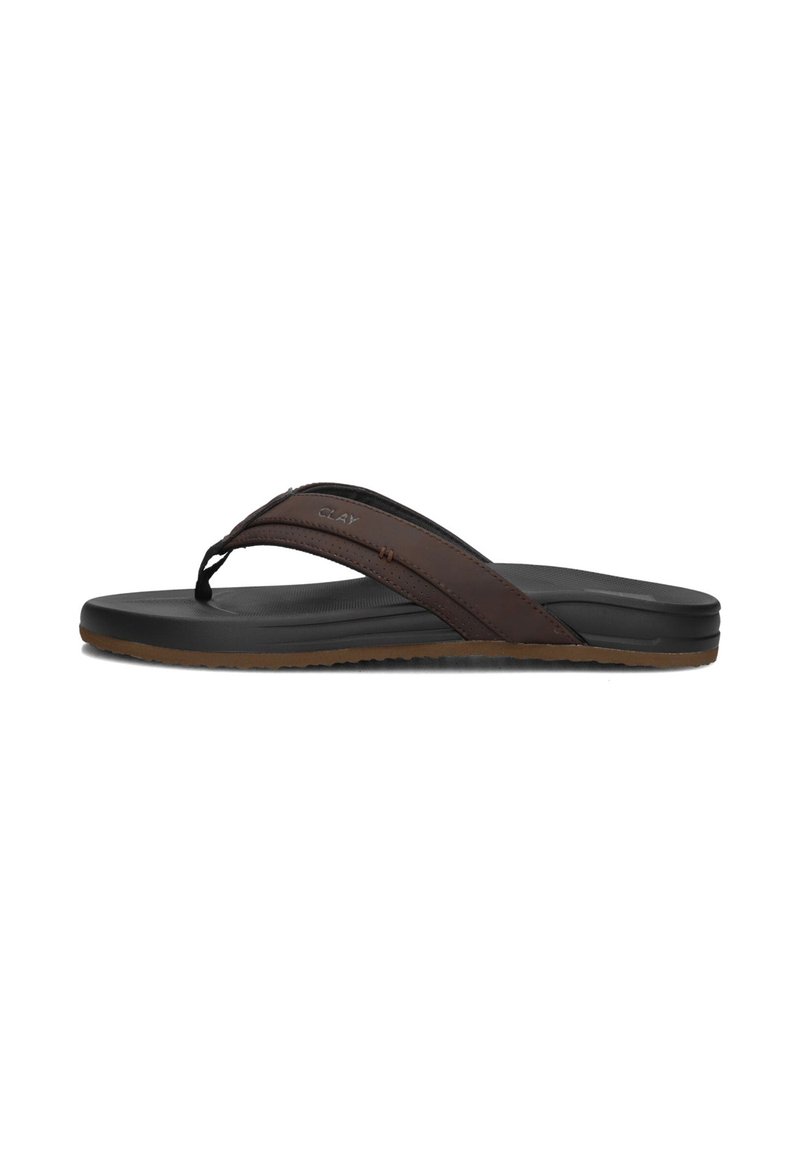 Brown leather flip-flop with a black rubber sole, textured footbed, and a sleek design. Features a thin strap with decorative stitching.