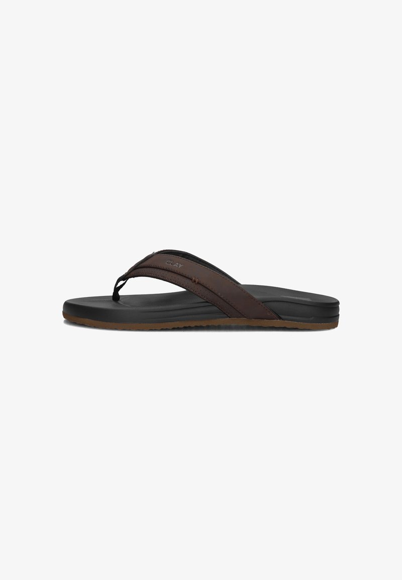 Brown leather flip-flop with a black rubber sole, textured footbed, and a sleek design. Features a thin strap with decorative stitching.