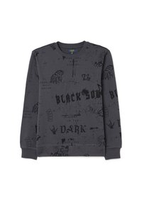 Sudadera de manga larga gris con estampados gráficos negros en negrita, que incluyen texto y diseños, con puños y dobladillo acanalados. Material de jersey suave.