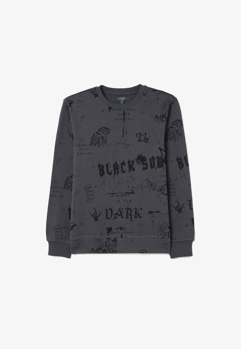 Sudadera de manga larga gris con estampados gráficos negros en negrita, que incluyen texto y diseños, con puños y dobladillo acanalados. Material de jersey suave.