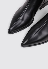 Botas de cuero negras hasta el tobillo con punta afilada, textura suave y un sutil detalle de costura a lo largo de los lados. Diseño de tacón bajo en bloque.