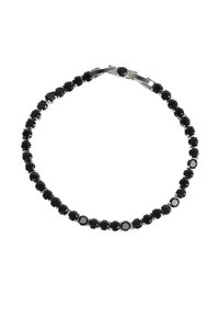 Bracciale in cristallo nero con chiusura in metallo color argento, caratterizzato da una linea continua di pietre nere rotonde e sfaccettate, saldamente incastonate.