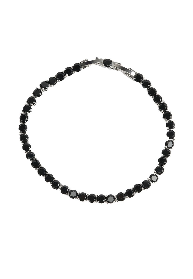 Bracciale in cristallo nero con chiusura in metallo color argento, caratterizzato da una linea continua di pietre nere rotonde e sfaccettate, saldamente incastonate.