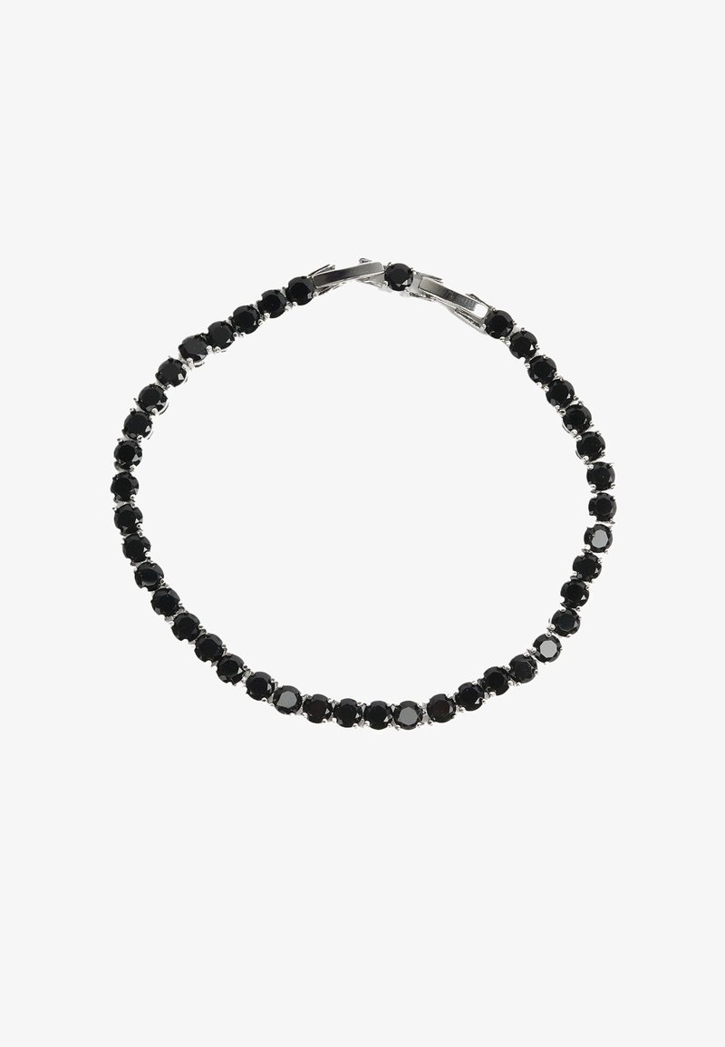 Bracciale in cristallo nero con chiusura in metallo color argento, caratterizzato da una linea continua di pietre nere rotonde e sfaccettate, saldamente incastonate.