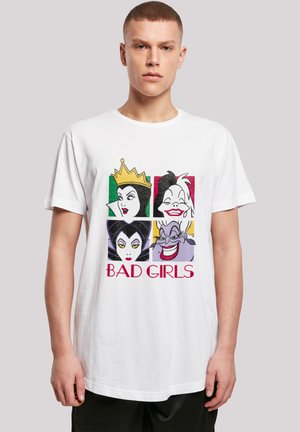 White cotton t-shirt featuring printed portraits of four characters with colorful backgrounds, labeled "BAD GIRLS" in bold red text.