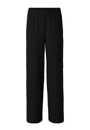 Sorte teksturerede bukser med lige ben og elastisk talje, uden synlige lommer eller lukninger, vist på en hvid baggrund.