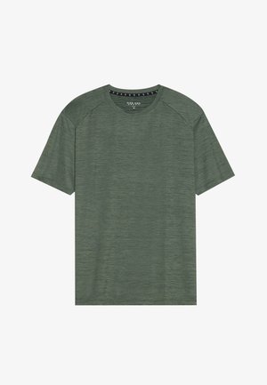 Green short-sleeve t-shirt made from textured fabric. Features a round neckline and slightly raised shoulder seams. No visible patterns or accents.