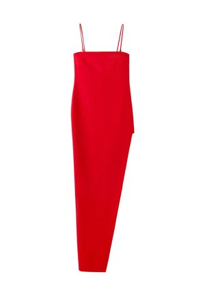 Vestido rojo asimétrico con tirantes finos y una falda larga ajustada, mostrado sobre un fondo blanco.