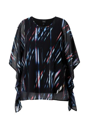Black, sheer blouse featuring vibrant abstract stripes in red, blue, and white. Loose-fitting with wide sleeves and a round neckline.