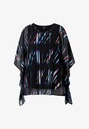 Černá, průsvitná blůza s výraznými abstraktními pruhy v červené, modré a bílé barvě. Volný střih s širokými rukávy a kulatým výstřihem.