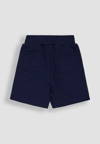 Navy blue kokvilnas šorti ar elastīgu jostu un divām aizmugurējām kabatām, ar vienkāršu dizainu un gludu tekstūru.