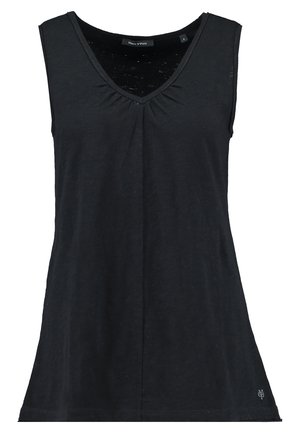 Schwarzes ärmelloses Damen-Top mit V-Ausschnitt, leichter Raffung am Halsausschnitt und kleinem Logo nahe dem Saum.