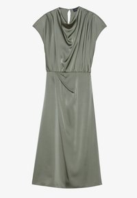 Satin green dress with cap sleeves, draped neckline, and gathered waist. Features a keyhole back detail, falling to mid-calf length.
