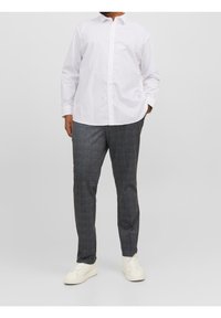 Biała koszula na guziki z długimi rękawami, zestawiona z szarymi, kraciastymi spodniami i białymi trampkami. Skupienie na czystych liniach i swobodnym kroju.