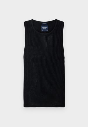 Black ribbed tank top with a round neckline and cropped design. Made of lightweight fabric, featuring subtle texture and no embellishments.