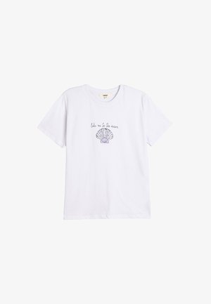 White cotton t-shirt featuring short sleeves, a round neckline, and a shell graphic with the text “take me to the ocean” in black and purple.