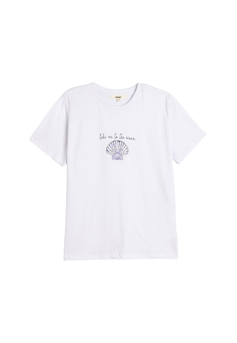 Hvid bomulds t-shirt med korte ærmer, rund halsudskæring og et skaldyr grafik med teksten "tag mig til havet" i sort og lilla.