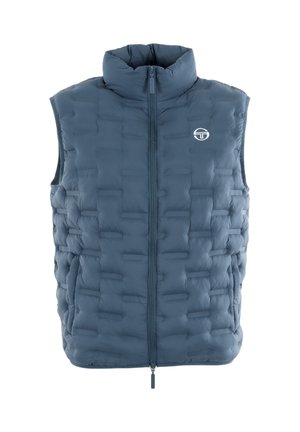 Mouwloze puffer vest in charcoal grijs, met een hoge kraag, gewatteerde textuur, voorrits en een klein logo op de borst.