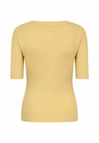 Top giallo in maglia a coste con maniche corte, scollo arrotondato e silhouette aderente. Tessuto strutturato con motivo a righe verticali.