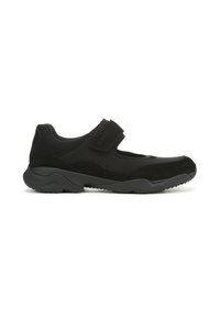 Chaussures de sport noires avec une bande velcro, fabriquées en maille et en daim, avec un bout arrondi et une semelle en caoutchouc texturée.