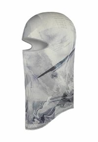 Balaclava in gray and white, featuring a marbled pattern with text accents. Made of stretch fabric, it covers the head and neck with an opening for the face.