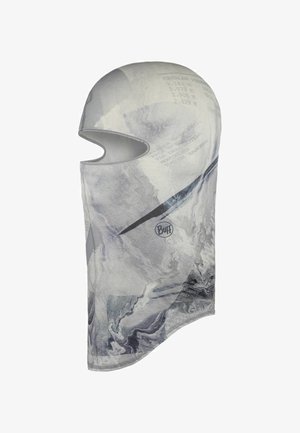 Balaclava in gray and white, featuring a marbled pattern with text accents. Made of stretch fabric, it covers the head and neck with an opening for the face.