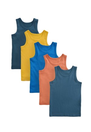 Pięć gładkich, bezrękawnikowych tank topów w kolorach morskim, żółtym, niebieskim, pomarańczowym i ciemnym morskim, ułożonych nakładających się na białym tle.