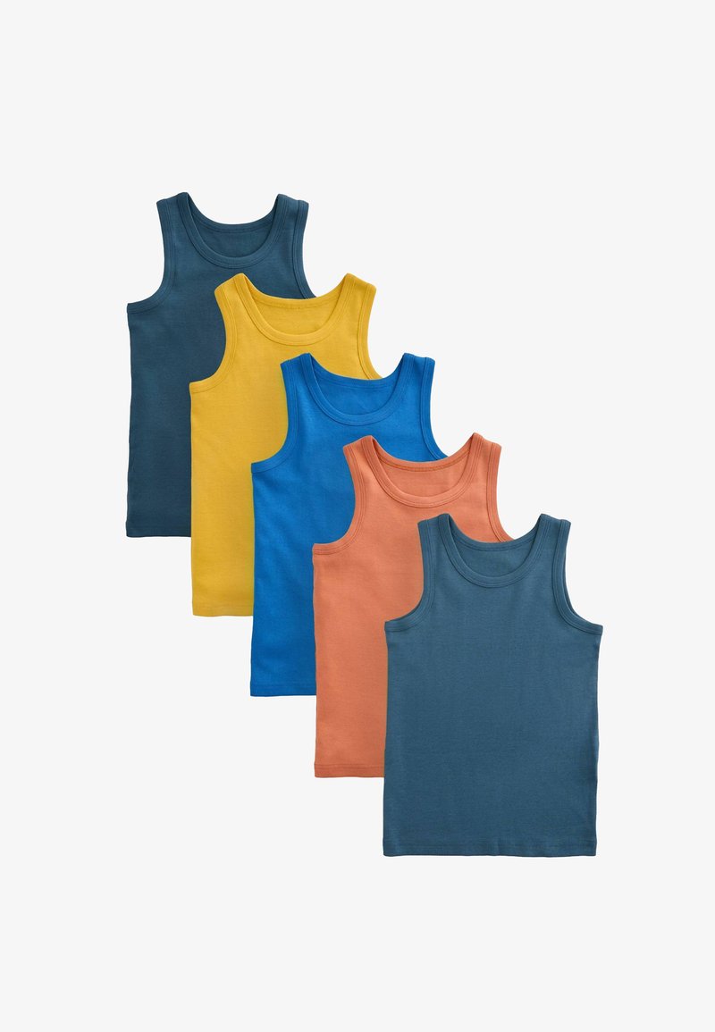 Cinq débardeurs unis sans manches en sarcelle, jaune, bleu, orange et sarcelle foncé disposés en superposition sur un fond blanc.