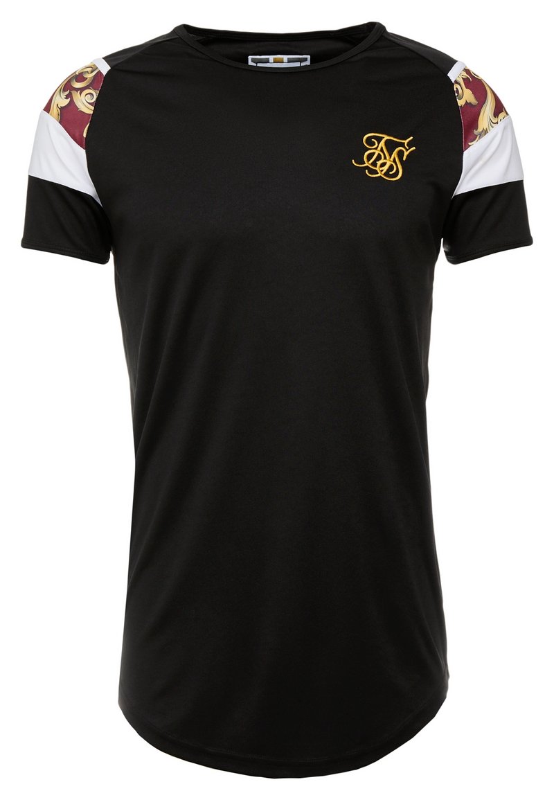 Musta urheilupaita lyhyillä hihoilla; siinä on valkoiset ja burgundinpunaiset kuviot hartioissa sekä kultainen logo rinnassa. Sileä pinta.