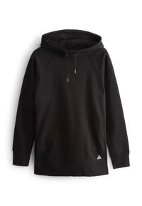 Felpa con cappuccio nera in misto cotone, con maniche raglan, tasca frontale a marsupio, cordini regolabili e logo sull'orlo.