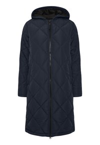 Navy quilted long coat with a hood, featuring a central zipper closure and diamond pattern. Made from a smooth, lightweight material.