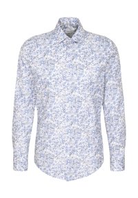 Witte lang-sleeve shirt met een blauw bloemen- en geometrisch patroon, voorzien van een klassieke kraag en een knoopsluiting aan de voorkant.
