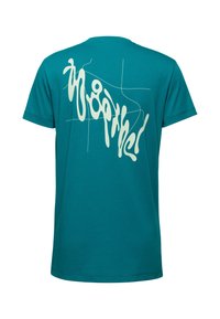 Teal bomulds t-shirt med et bøjet hvidt abstrakt tekstgrafik på ryggen, korte ærmer og et klassisk crew neck design.