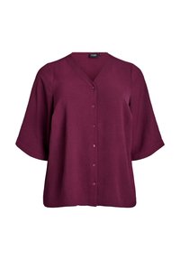 Bordeaux knoop-blouse met een V-hals, korte wijde mouwen en een gestructureerde stof. Heeft vijf bijpassende knopen aan de voorkant.