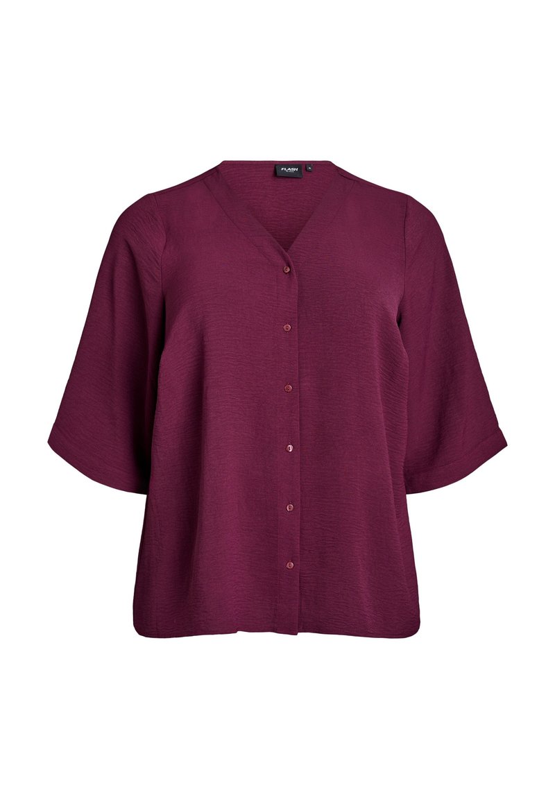 Bordeaux knoop-blouse met een V-hals, korte wijde mouwen en een gestructureerde stof. Heeft vijf bijpassende knopen aan de voorkant.