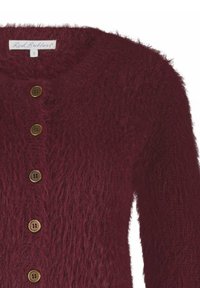 Bordeaux gebreide cardigan met een zachte, harige textuur, met vijf goudbruin knopen aan de voorkant en een ronde halslijn.